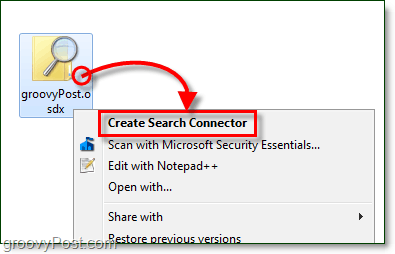 clique com o botão direito na área de trabalho e, em seguida, clique no arquivo osdx que é um conector de pesquisa e clique em criar conector de pesquisa para o Windows 7