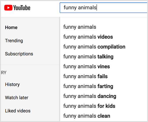 Veja as sugestões automáticas de pesquisa do YouTube para sua palavra-chave.