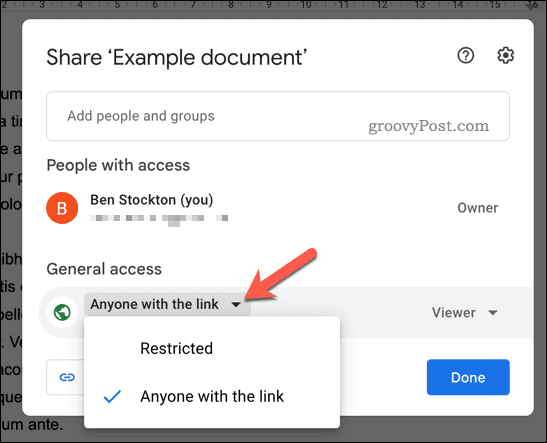 Definir permissões de compartilhamento para Google Docs