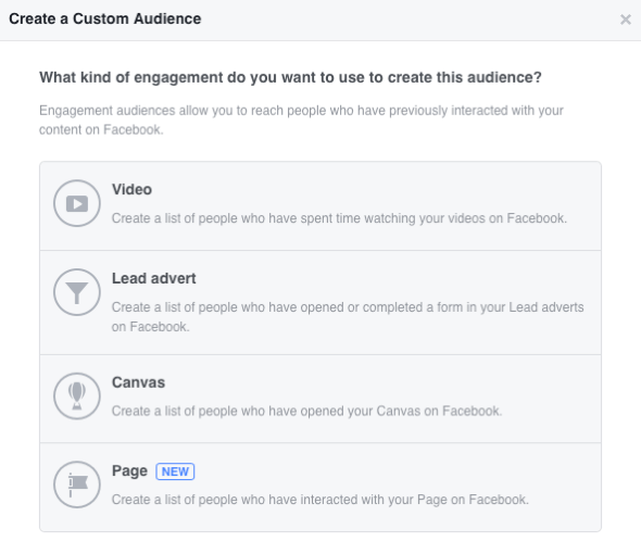 O Facebook permite que você crie quatro públicos personalizados baseados em engajamento.