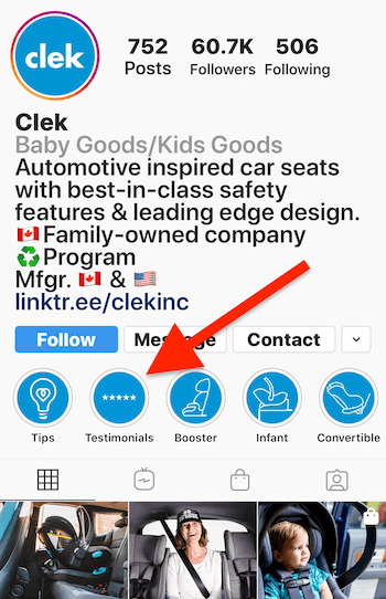 Instagram Stories destaca álbum para depoimentos sobre o perfil da empresa Clek
