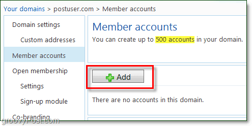 adicione contas de membros ao seu email de domínio do Windows Live