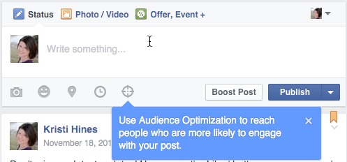 otimização de audiência do Facebook para caixa de atualização de postagens