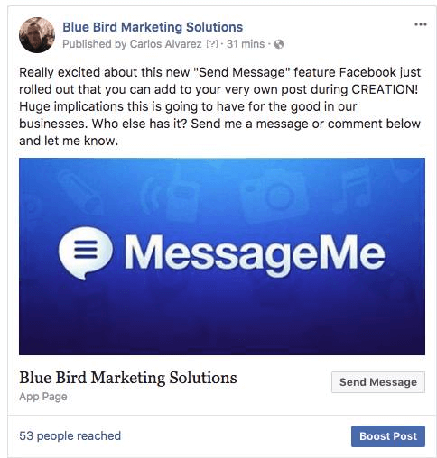 O Facebook adicionou a opção de incluir um botão nas postagens da página que dá aos usuários a capacidade de responder diretamente no Messenger.