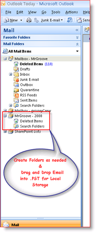 Caixa de entrada do Outlook 2007 exibindo arquivo .PST de dados pessoais no painel de navegação:: groovyPost.com