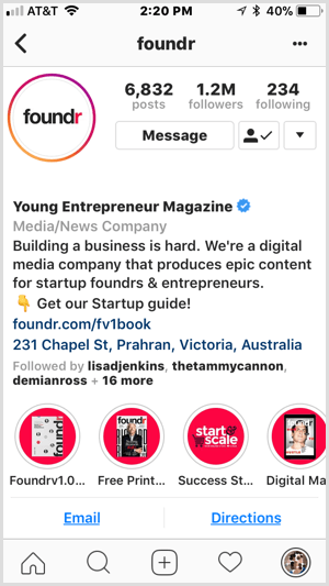 Destaques da marca Instagram no perfil Foundr.