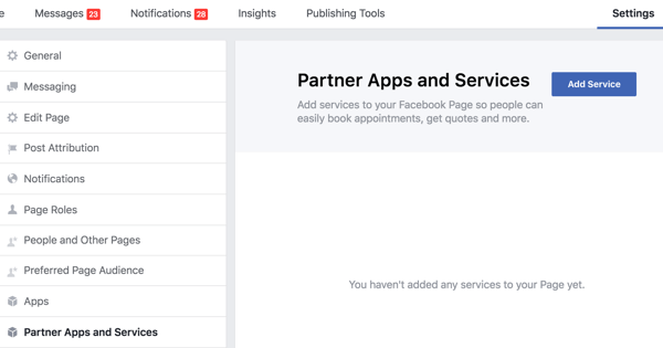 Clique em Aplicativos e serviços de parceiros nas configurações da página do Facebook.