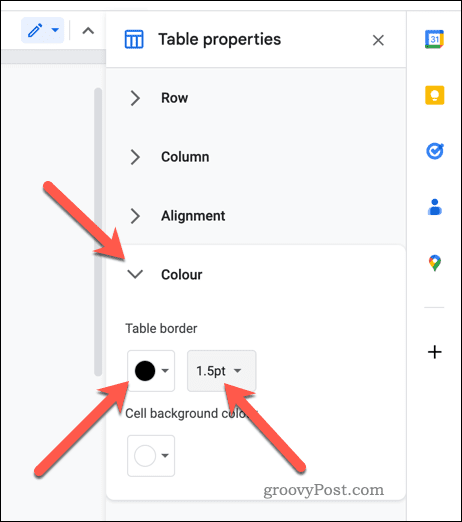 Definir propriedades de borda da tabela no Google Docs