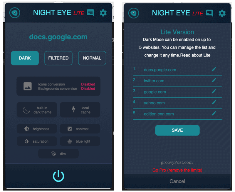 Extensão Night Eye no Safari