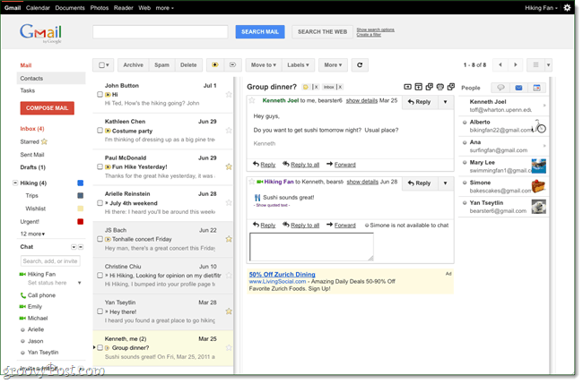 Gmail Labs: um novo painel de leitura, assim como o Outlook