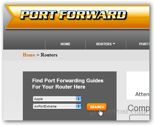 localizando um guia de roteador em portforward.com