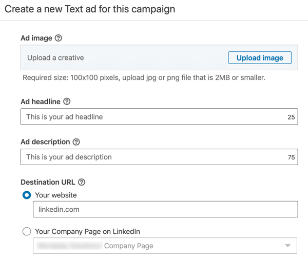 Como criar um anúncio de texto no LinkedIn, etapa 12, configurações de texto do anúncio