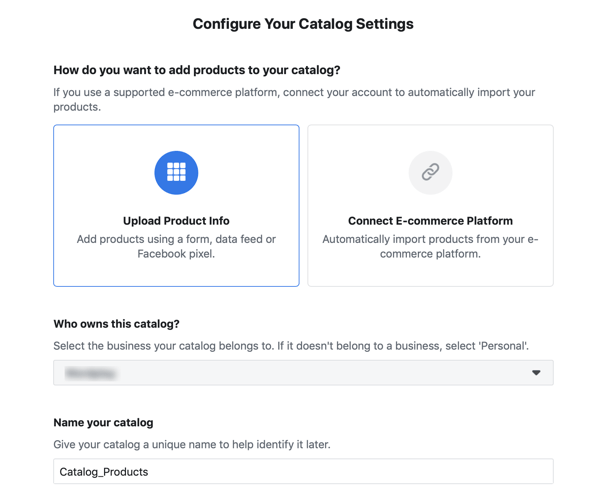 Use a ferramenta de configuração de eventos do Facebook, etapa 20, opções de menu para preencher seu catálogo de anúncios do Facebook