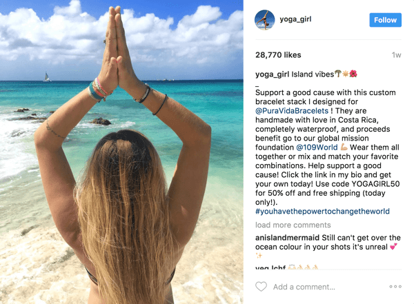 Nesta postagem paga de influenciador, Pura Vida conseguiu alavancar os 2,1 milhões de seguidores de Rachel Brathen (yoga_girl) e rastrear o ROI por meio de um cupom exclusivo.