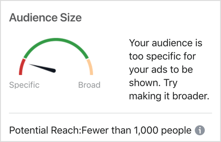 Mensagem do tamanho do público do Facebook: seu público é muito específico para que seus anúncios sejam exibidos.