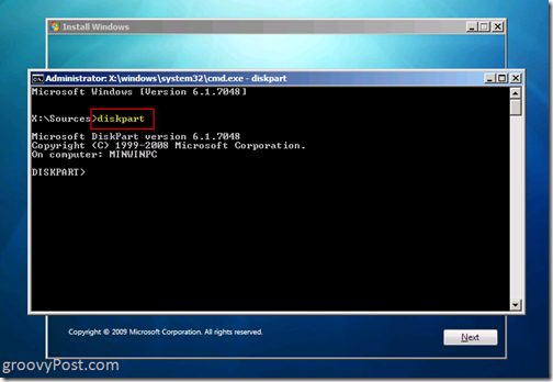 Windows 7 Native VHD Instala o Dualpart Launch Diskpart 6.1.7048 a partir do prompt do CMD para criar o arquivo VHD