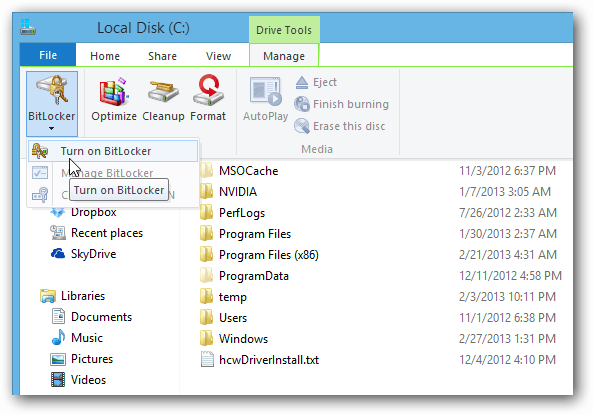 Faixa de opções do Explorador de Arquivos do BitLocker