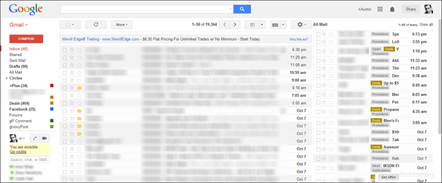 visualize a captura de tela do gmail com todos os emails no segundo painel à direita