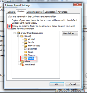 Configurar a pasta SEND Mail para a conta iMAP no Outlook 2007:: Escolha a pasta Lixeira