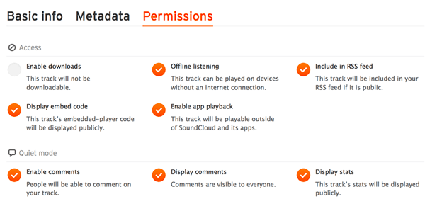 Verifique a guia Permissões para certificar-se de que seu arquivo de áudio está incluído no feed RSS do SoundCloud.