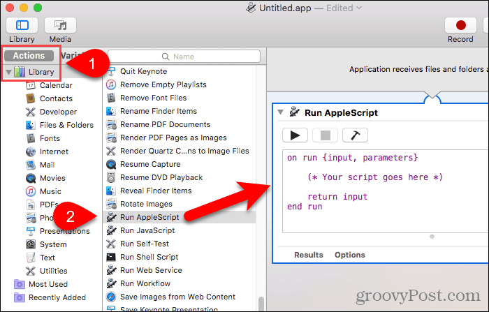 Arraste Executar AppleScript para o painel de fluxo de trabalho no Automator