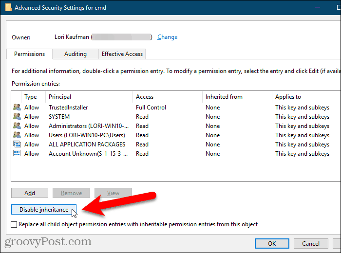 Clique em Desativar herança na caixa de diálogo Configurações de segurança avançadas no Registro do Windows