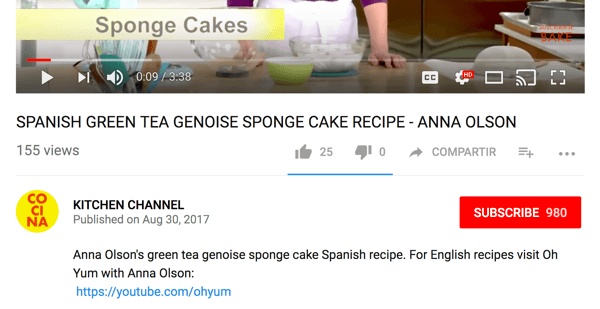 Cocina direciona o público que fala inglês para um canal de culinária diferente no YouTube.