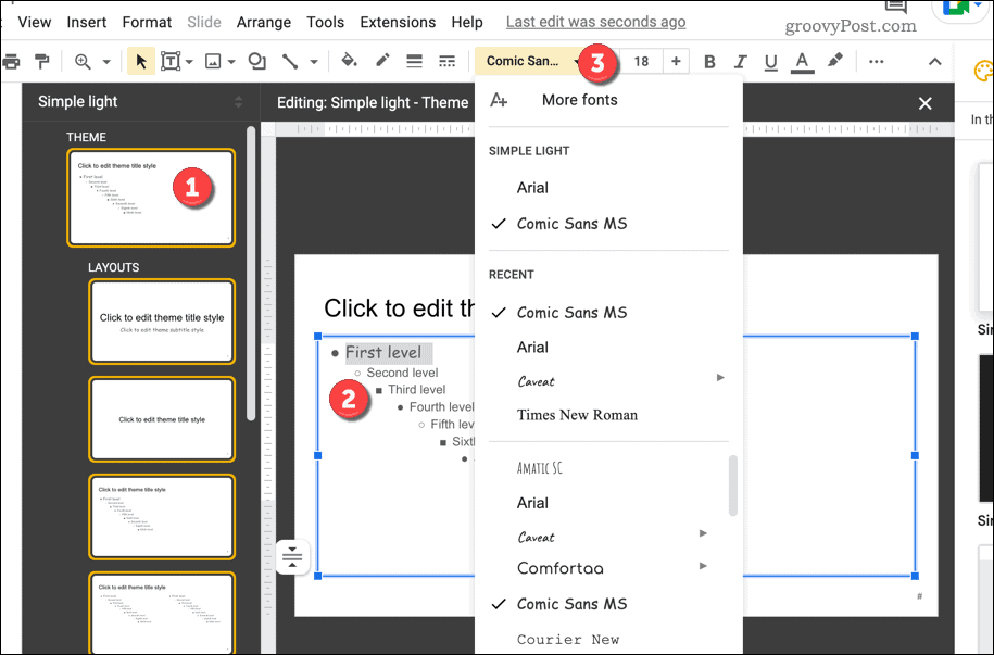 Altere a fonte nas configurações do tema do slide mestre do Apresentações Google