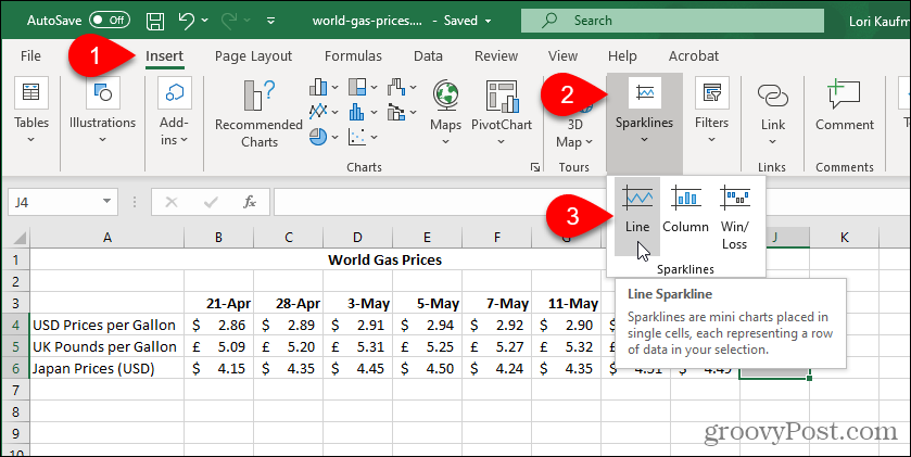 Selecione o tipo de minigráfico do Excel