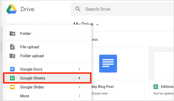 Clique no botão Novo à esquerda e escolha Planilhas Google no menu suspenso.
