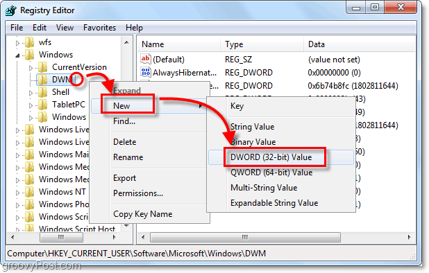 crie uma nova chave dwm dword no windows 7