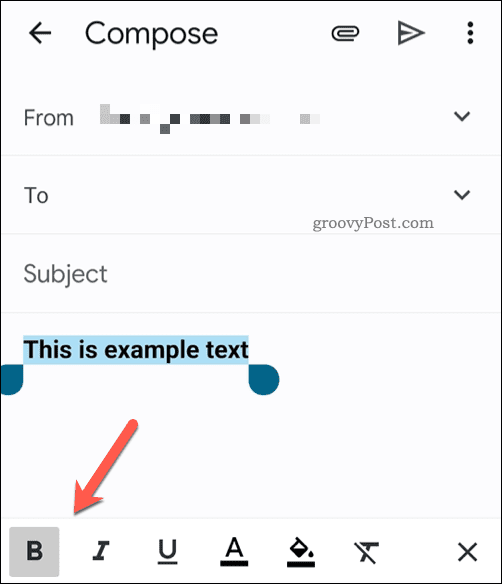 A barra de ferramentas de formatação de texto no aplicativo Gmail no celular