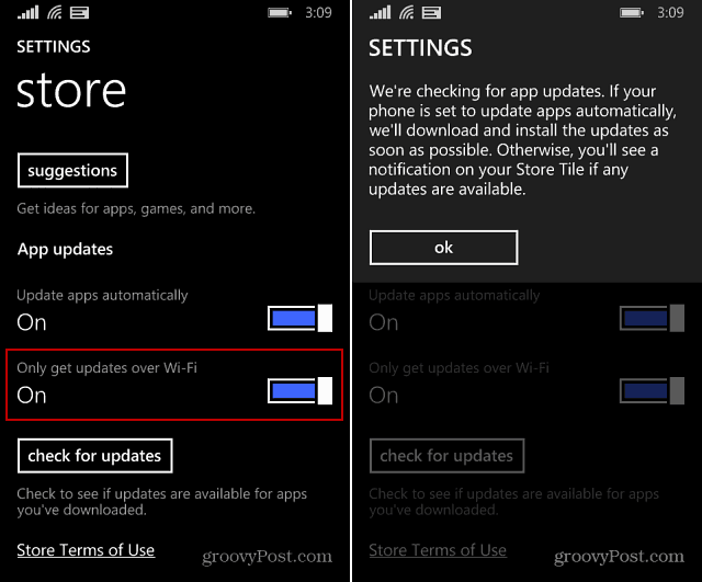 Configurações da Windows Phone Store