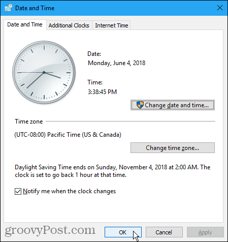 Caixa de diálogo Data e Hora no Windows