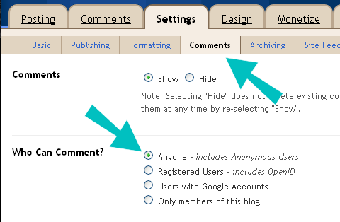 Configuração de comentário do Blogger com setas