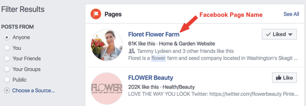 Exemplo da página do Facebook chamada Floret Flower Farm nos resultados da pesquisa.