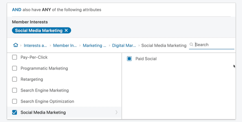exemplo de público-alvo de campanha publicitária do LinkedIn 'e' conjunto de atributos com os interesses dos membros de marketing de mídia social