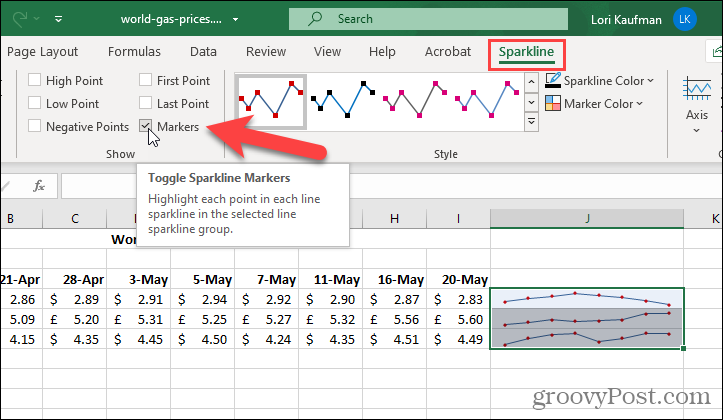 Mostrar marcadores em minigráficos no Excel