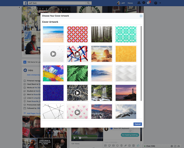 O Facebook agora permite que os usuários selecionem um vídeo para uma imagem de capa de perfil da biblioteca de Ilustrações. 