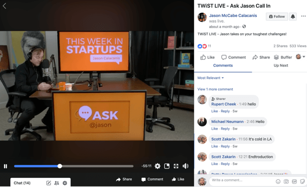 Use um fluxo de trabalho de seis etapas para criar vídeo para várias plataformas, exemplo de uma transmissão ao vivo de vídeo do Facebook de Jason McCabe Calacanis