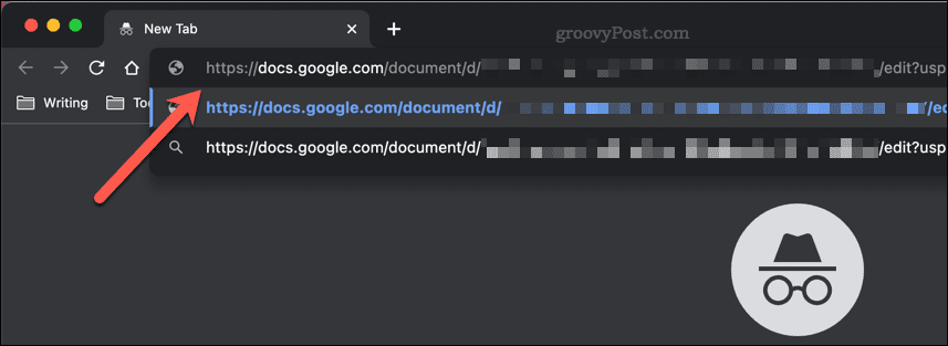 Colar um link de compartilhamento do Google Docs em uma barra de endereço da janela anônima do Google Chrome