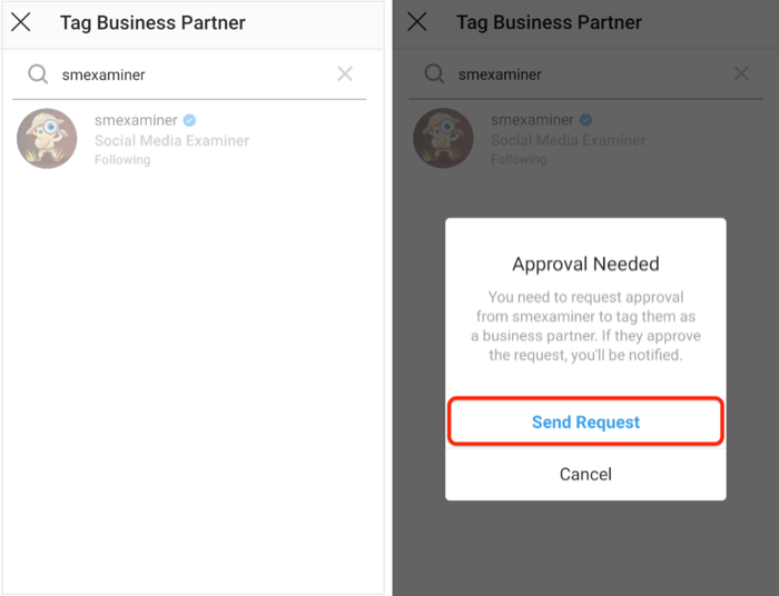 enviar pedido de aprovação para parceiro de negócios no Instagram