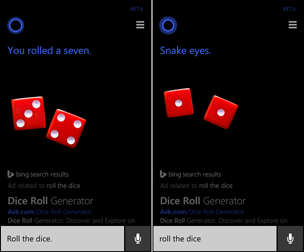 Jogue uma moeda ou jogue dados com Cortana no Windows Phone 8.1