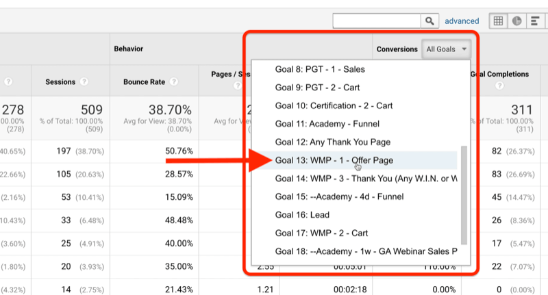 captura de tela das metas de reconhecimento da página de oferta do google analytics com o menu de conversões destacado com a meta 13: wmp - 1- página de oferta observada