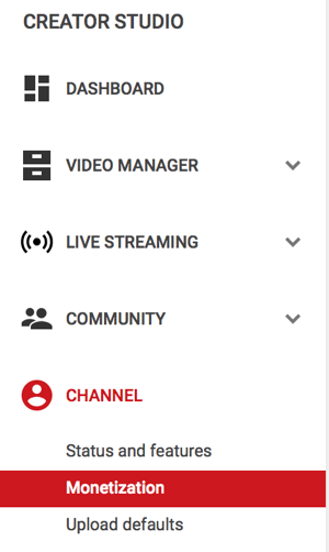 opção de menu de monetização no canal do youtube