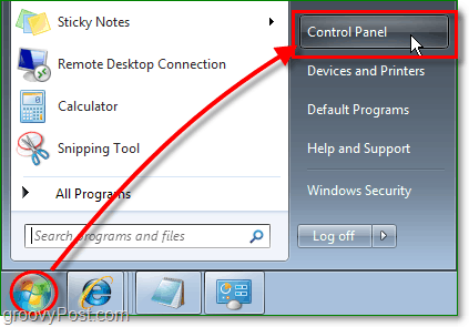 clique no menu iniciar orb do Windows 7 e clique no painel de controle para começar a remover o IE