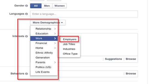 opções de segmentação de anúncios do Facebook no local de trabalho