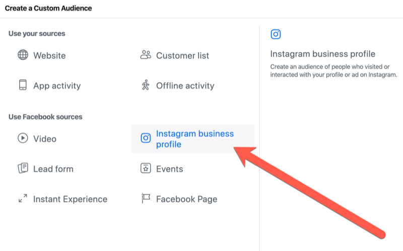 etapas para criar um público personalizado de engajamento de perfil de negócios no Instagram para segmentação de eventos ao vivo