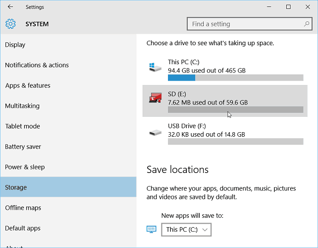 Configurações de armazenamento Windows 10
