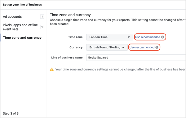 Escolha seu fuso horário e moeda ao configurar a ferramenta de atribuição do Facebook.